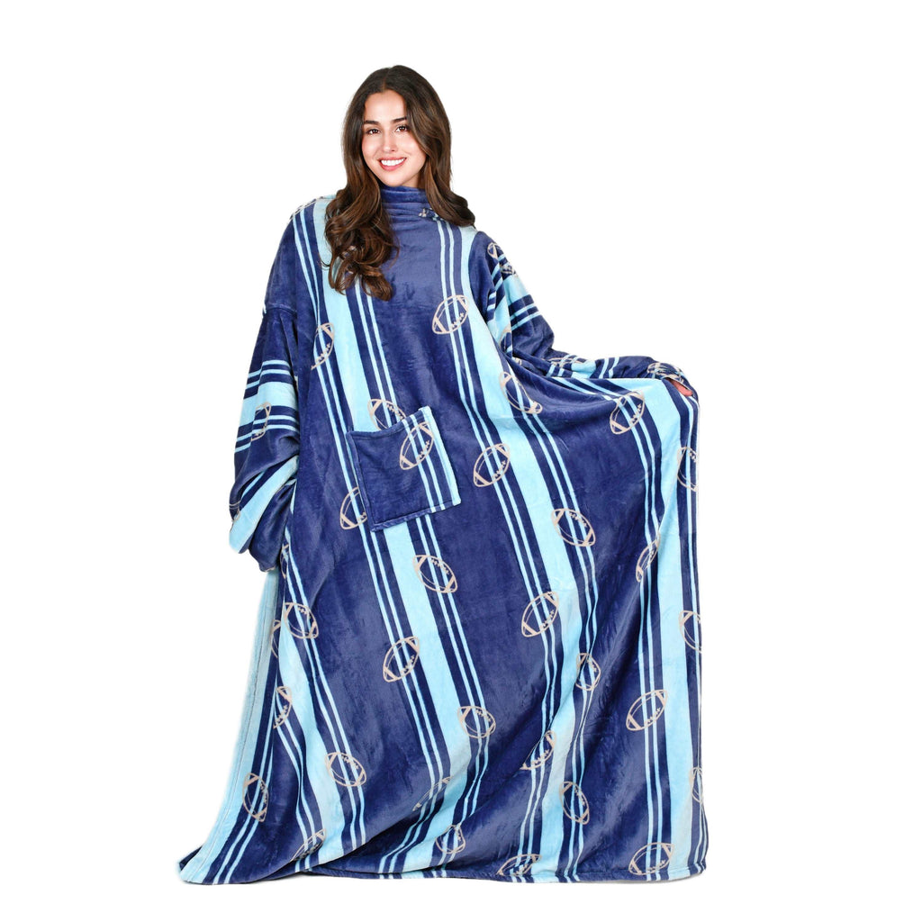 Football Field Blue Wearable Fleece Blanket with Sleeves for Adult