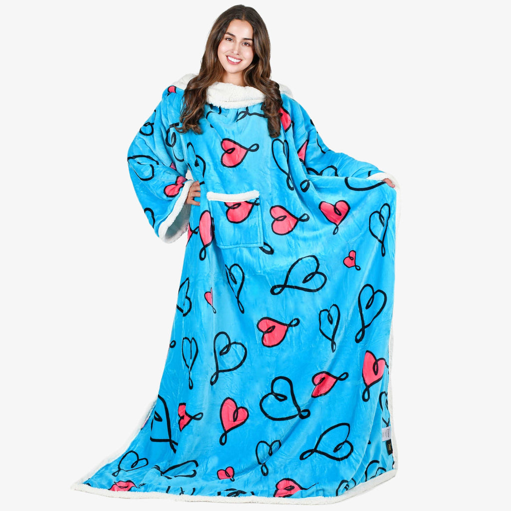 Love Art Blue Microplush Sherpa Blanket with Sleeves for Adult