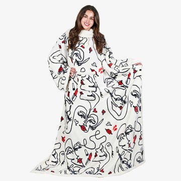 Abstract Face White Microplush Sherpa Blanket with Sleeves for Adult